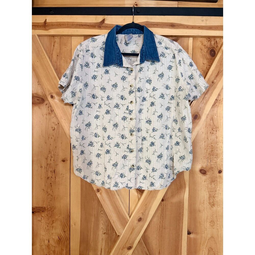 Vintage 90s Cottagecore Floral Shirt Denim Collar Cotton Linen 18W 20W Grandma
